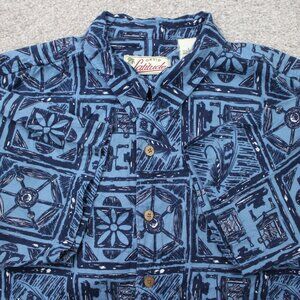 Orvis Latitudes Shirt Mens Large Blue Geometric Tribal Cotton/Rayon Short Sleeve